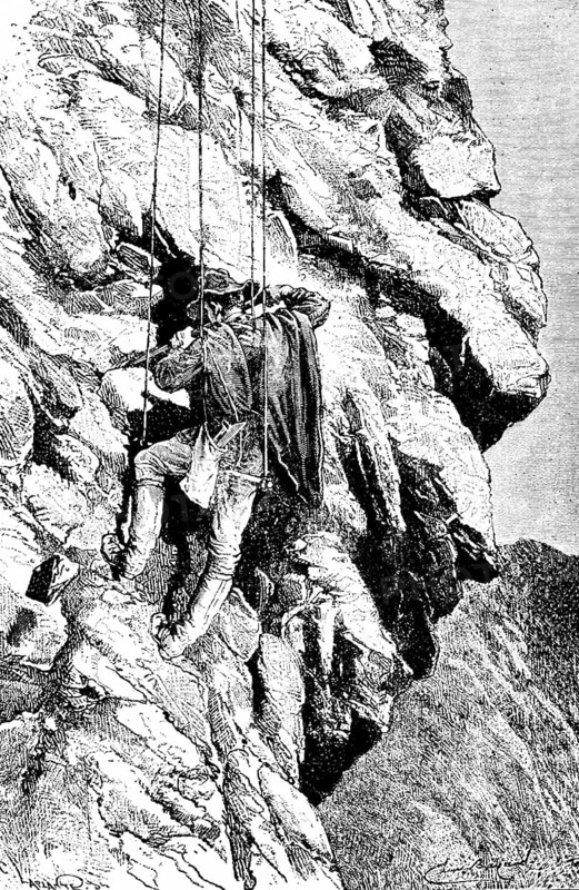 Search for mummies in the Peruvian Cordillera, Peru, Europeans, archeology, steep rock face, roping, danger, Andes, South America, travel, historical illustration around 1900