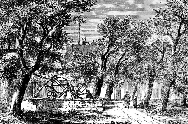 Observatory in Beijing, determining the position of the moon and sun, stars, observing, astronomy, Chinese calendar, Yuan dynasty, Kublai Khan, garden, trees, model, building, people, China, Asia, travel, historical illustration around 1900