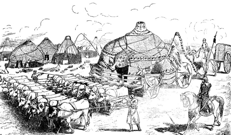 Tatar wagons and huts in the Middle Ages, according to reports by explorers Ibn Batuta and Marco Polo, Turkic people, indigenous ethnic group, tent camp, cattle team, transport, pull, horse, camel, rider, flag, cart, Asian Russia, Asia, travel, historical illustration around 1900