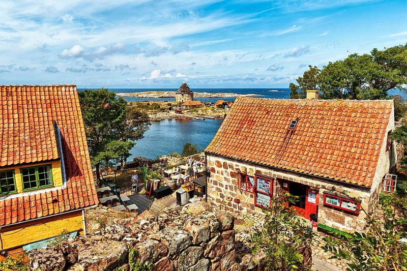 Small tower, Lille Tarn, view over a restaurant on FrederiksÃ¸ Island, Frederiksö, ChristiansÃ¸, Christiansö, Ertholmene, Pea Islands, Bornholm, Denmark