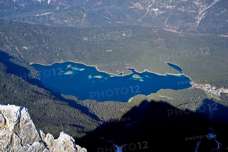 View of Lake Eibsee lake from the mountain station of the Zugspitz cable car (2962 m), Grainau municipality, Garmisch-Partenkirchen district, Bavaria, Germany