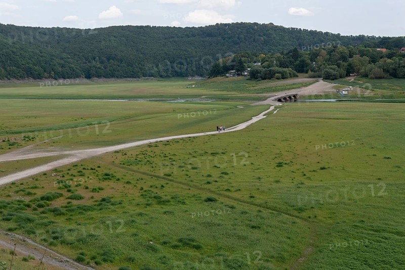 View of Old Bridge Asel, Edersee without water, Hesse, Germany