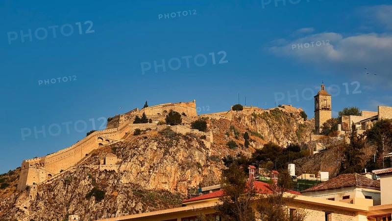 Palamidi Fortress, mighty castle spread over a hill with ruins under blue sky, Nauplion, Nafplion, Peloponnese, Greece