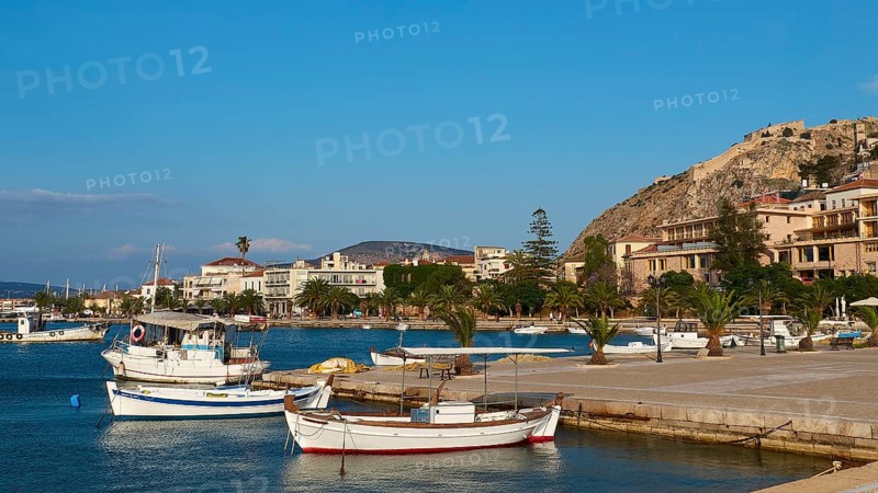 Nauplion Harbour, Palamidi Fortress, Two boats in the calm water of a picturesque coastal port, Nauplion, Nafplio, Peloponnese, Greece