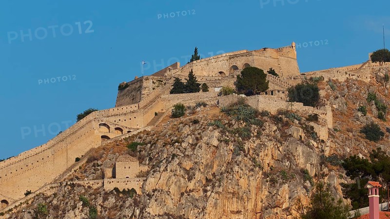 Palamidi Fortress, Mighty castle on a rocky hill under clear sky, Nauplion, Nafplion, Peloponnese, Greece