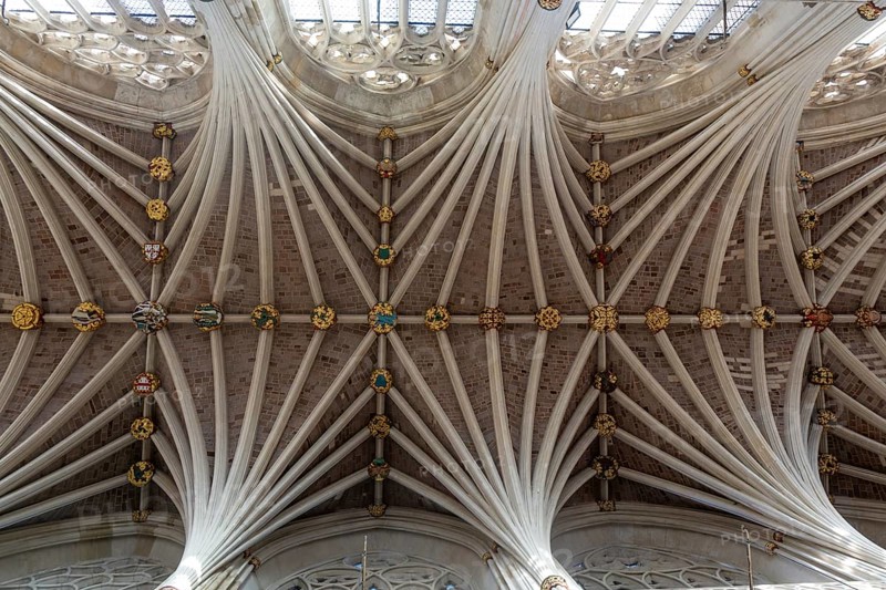 Looking up at vaulted ribbed ceiling inside Exeter cathedral church, Exeter, Devon, England, UK
