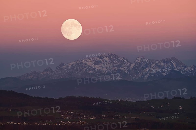 View from Horben of the Alpstein Mountains with the SÃ¤ntis, in the light of the full moon, Beinwil-Freiamt, Canton, Aargau, Switzerland