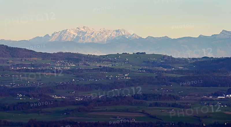 View from Horben to the Mittelland, in the back the Alpstein with the SÃ¤ntis, Beinwil Freiamt, Canton, Aargau, Switzerland