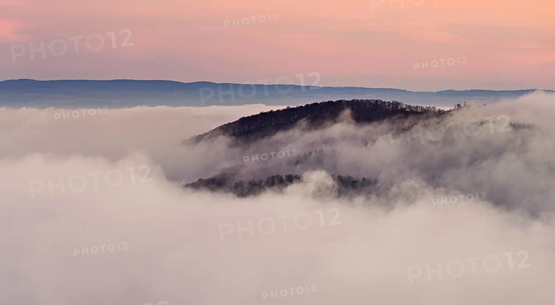 View of the Gisliflue on a Jura foothill covered in fog in the light morning light, Talheim, Canton, Aargau, Switzerland