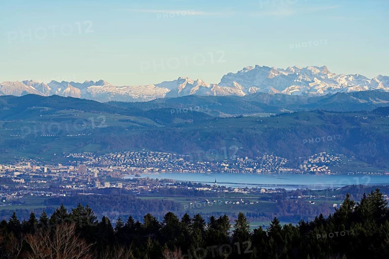 View from Horben of the city of Zug with Lake Zug, with the snow-covered Glarner Alps in the background, Beinwil Freiamt, Canton, Aargau, Switzerland