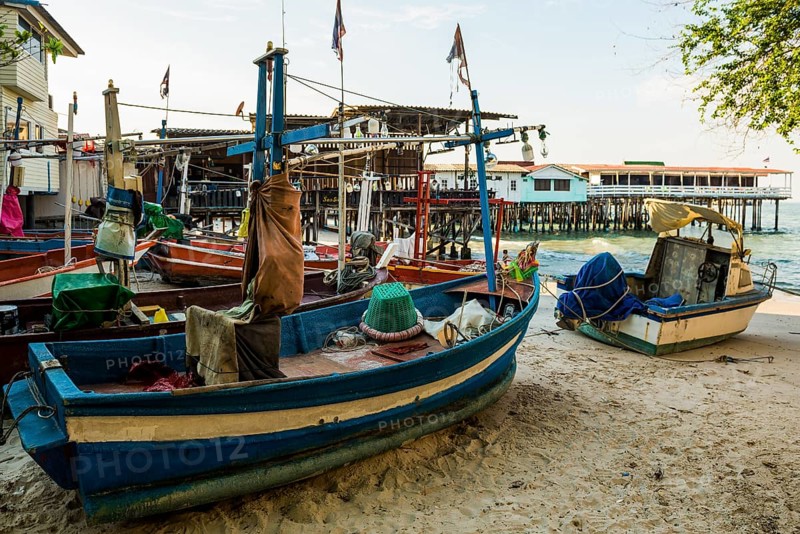 Colorful fishing boats on the beach, Hua Hin, Prachuap Khiri Khan, Central Thailand, Thailand