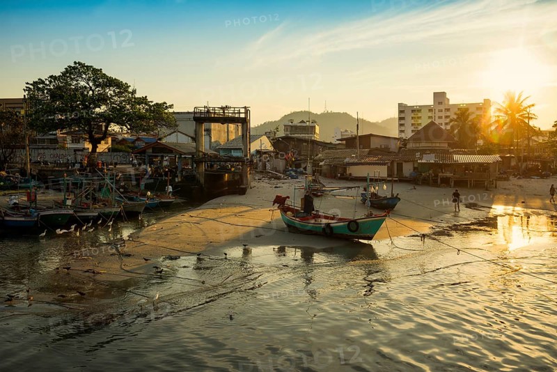Colorful fishing boats on beach, sunset, Hua Hin, Prachuap Khiri Khan, Central Thailand, Thailand