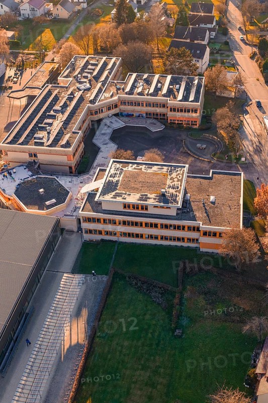 Aerial view of a large building complex with clear architectural lines, Althengstett, Calw district, Germany