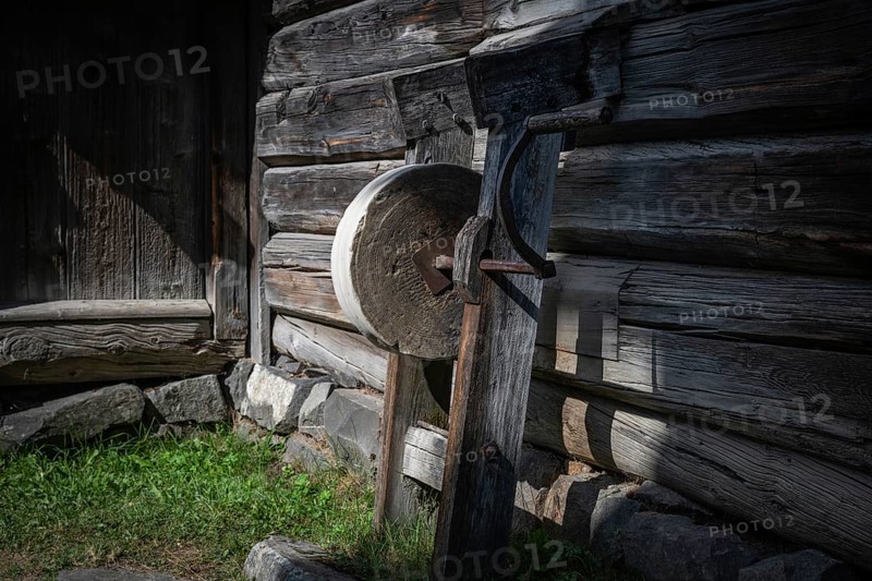Old whetstone, BjÃ¸rnstad, farm from VÃ¥gÃ¥, Maihaugen open-air museum with houses and objects from farms in Gudbrandsdal, Lillehammer am MjÃ¸sa Lake, Fylke Innlandet Municipality, Norway
