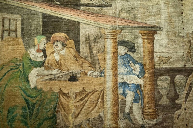 Scene from the life of the upper class, wallpaper, painted on burlap, imitating French style tapestry, Baroque rectory of VÃ¥gÃ¥, Maihaugen open-air museum with houses and objects from farms in Gudbrandsdal, Lillehammer am MjÃ¸sa Lake, Innlandet Municipality, Norway