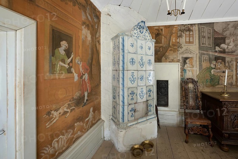 Tiled stove, baroque rectory in VÃ¥gÃ¥, Maihaugen open-air museum with houses and objects from farms in Gudbrandsdal, Lillehammer on Lake MjÃ¸sa, Innlandet Fylke Municipality, Norway
