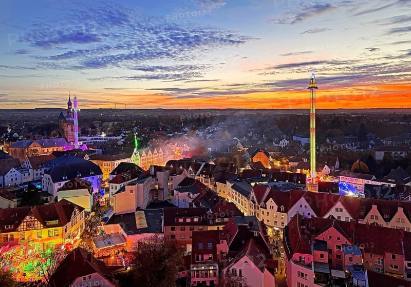 View from above from the Ferris wheel of the atmospheric All Saints Fair in the evening, Altstadt, Soest, North Rhine-Westphalia, Germany