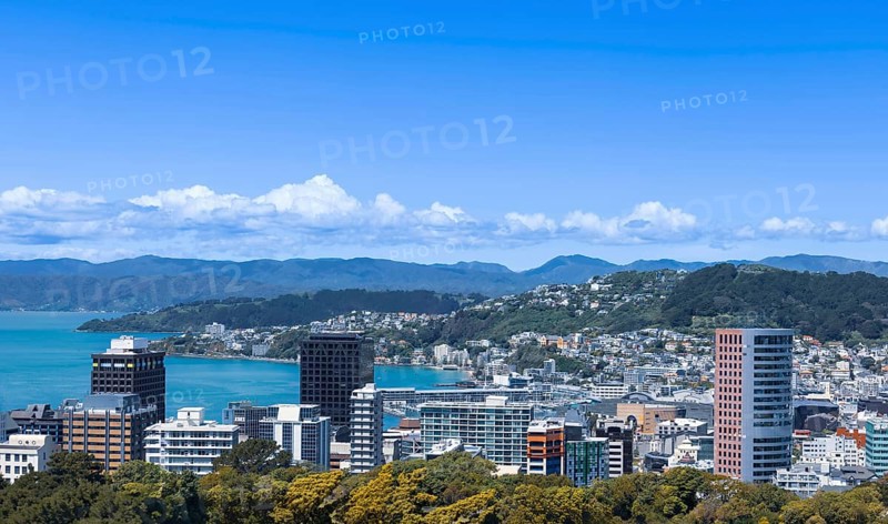 Panoramic skyline of Wellington downtown harbor, financial center and Lambton harbor