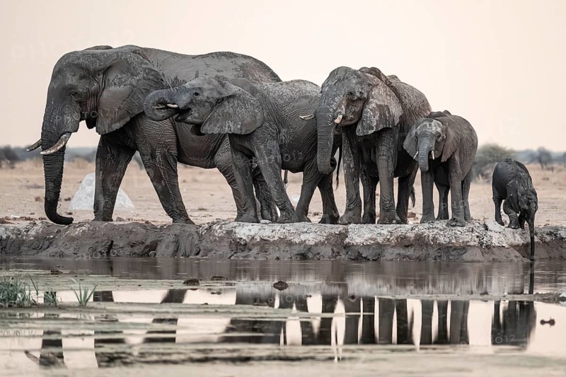 Animal family with baby elephant, African elephants (Loxodonta africana), drinking at the waterhole, dramatic reflection in the water, Nxai Pan National Park, Botswana