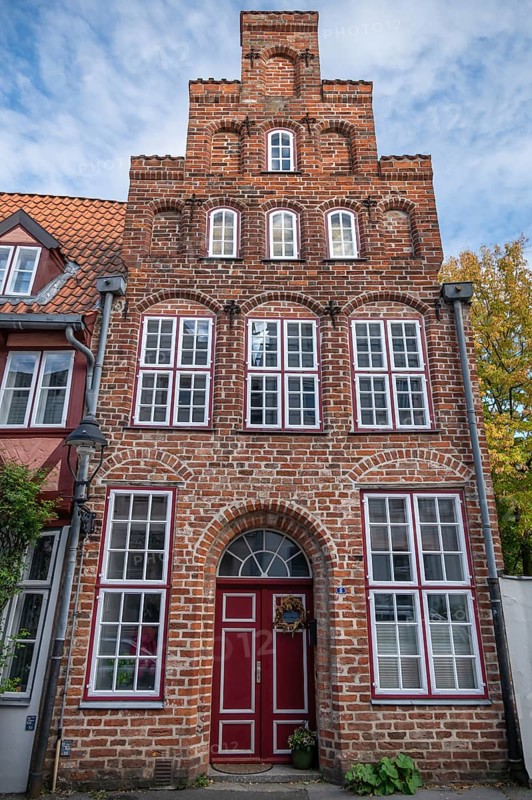 Historic Gothic brick house with stairway, Hanseatic City of LÃ¼beck, Schlewig-Holstein, Germany