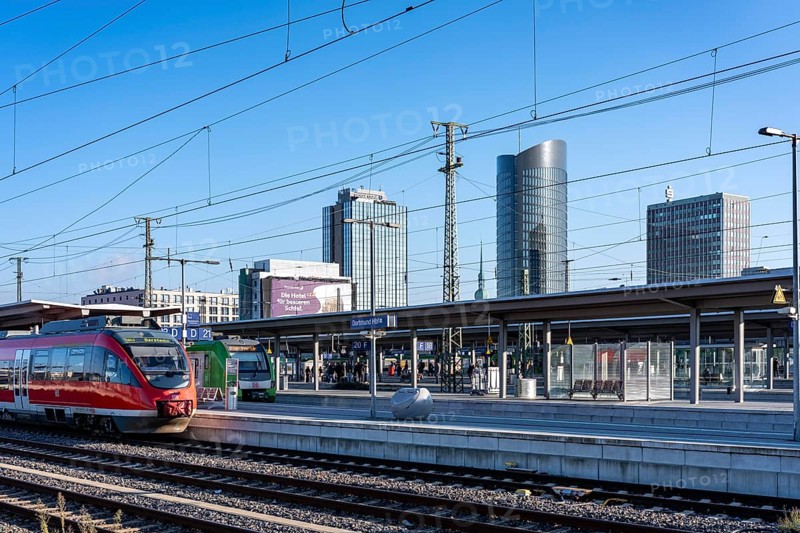 The skyline of downtown Dortmund, seen from the main train station, Regionalbahn, RB43, North Rhine-Westphalia, Germany