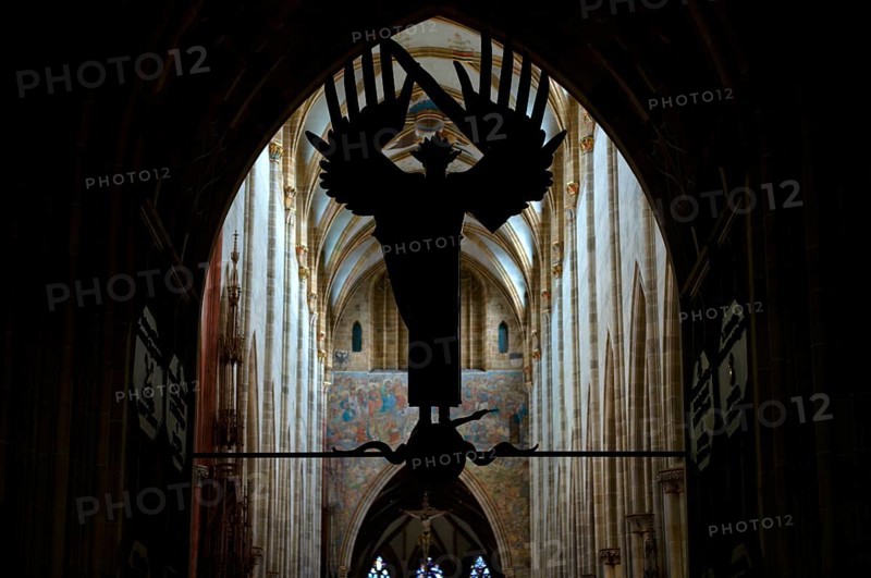 Interior view, Archangel Michael by Ulfert Jansen in the Arch of Our Lady of Ulm, Ulm MÃ¼nster, Ulm, Baden-WÃ¼rttemberg, Germany
