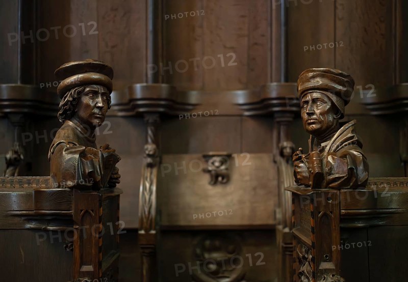 Interior view, picture carving in the choir stalls, Our Lady of Ulm, Ulm, Baden-WÃ¼rttemberg, Germany