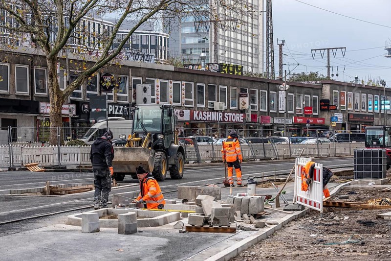 Large construction site in the city center of Essen, HachestraÃŸe am Hauptbahnhof, the construction of new tracks for the new Stadtbahn-Essen, a new tram line in the city center that will connect the west of the city with the new Essen-51 district, North Rhine-Westphalia, Germany