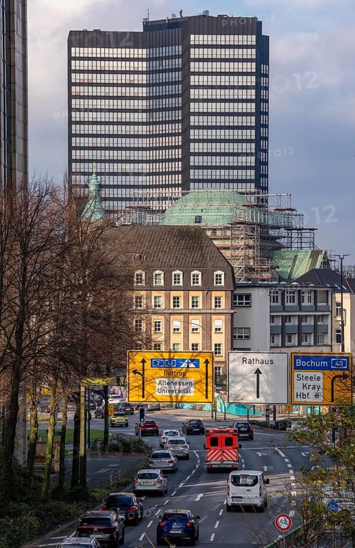 Downtown traffic in Essen, BernestraÃŸe, Town Hall, North Rhine-Westphalia, Germany