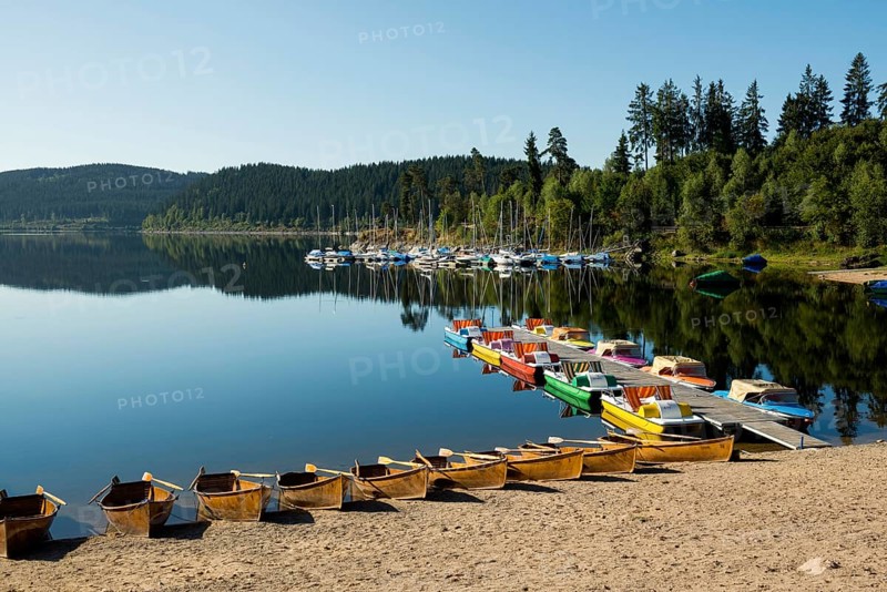 Morning atmosphere with colorful paddle boats and rowing boats, Schluchsee, Black Forest, Southern Black Forest, Baden-WÃ¼rttemberg, Germany