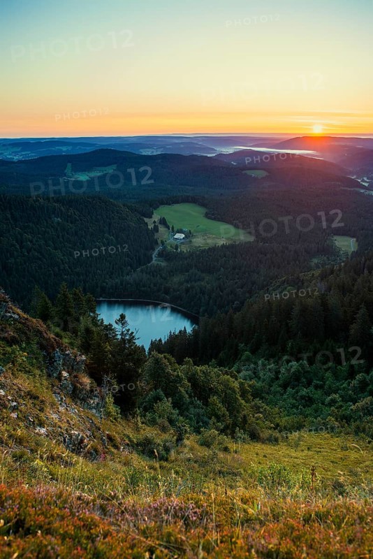 View from Feldberg to Feldsee looking east, sunrise, Black Forest, Southern Black Forest, Baden-WÃ¼rttemberg, Germany