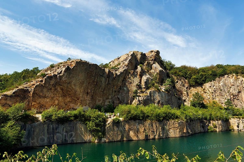 Impressive rock formations, opal lake in the granite quarry, MoselleÃ¸kken Stenbrudsmuseum, museum in the quarry, Hammerknuden, Allinge-Sandvig, Bornholm, Denmark