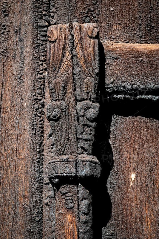 Carving, decorative element, Garmo Stave Church, Maihaugen open-air museum with houses and objects from farms in Gudbrandsdal, Lillehammer on Lake MjÃ¸sa, Innlandet Municipality, Norway