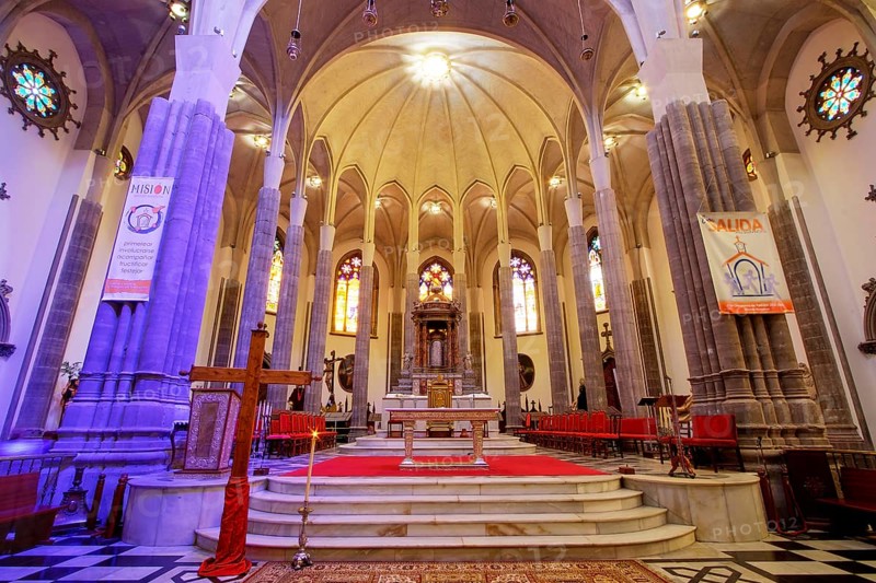 Nuestra Senora de los Remedios Cathedral, magnificent church interior with illuminated altar, UNESCO World Heritage Old Town of San Crstobal de La Laguna, La Laguna, Tenerife, Canary Islands, Spain