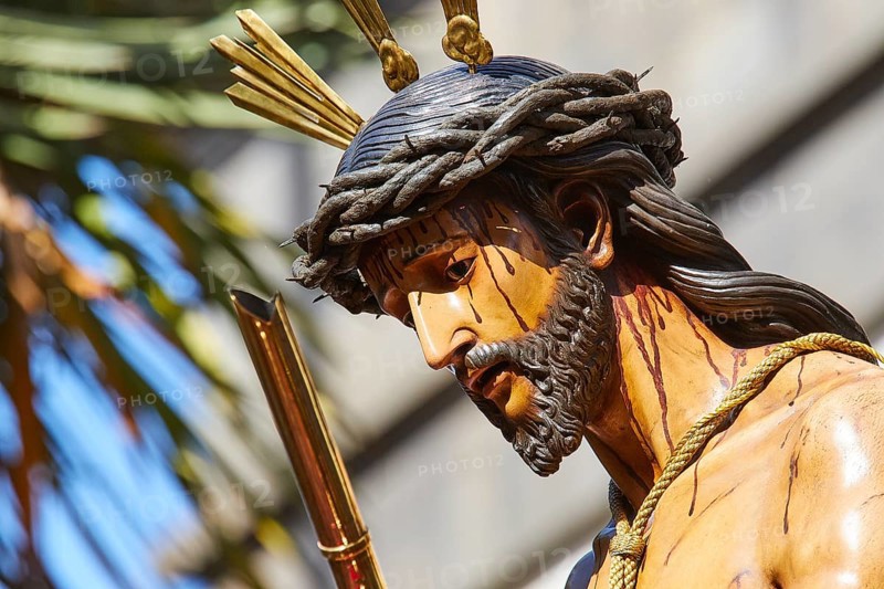 Good Friday procession, side view of a Jesus statue with crown of thorns, in sunshine, UNESCO World Heritage Old Town of San Crstobal de La Laguna, La Laguna, Tenerife, Canary Islands, Spain