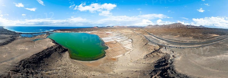 Salt mining plant, Salinas de Janubio and green lagoon Laguna de Janubio, near Yaiza, aerial view, Lanzarote, Canary Islands, Spain