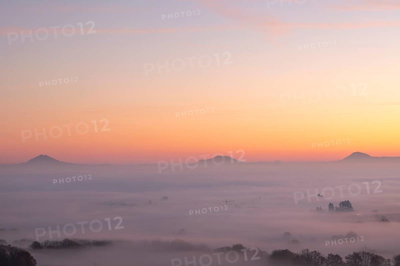 Three Kaiserberge in golden morning light, Hohenstaufen, Aichelberg, Spectacular dawn over the foggy foothills of Baden-WÃ¼rttemberg
