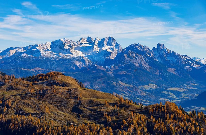Alpbichlalm with Dachstein massif, autumn, Osterhorn Group, Salzkammergut, Province of Salzburg, Austria