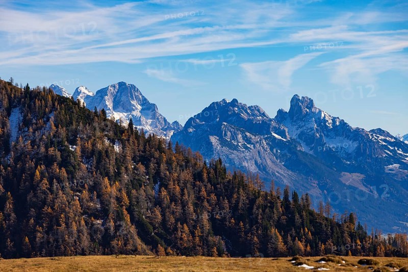 Trattberg Alm with view of the Dachstein massif with BischofsmÃ¼tze, Osterhorn Group, Salzkammergut, Province of Salzburg, Austria