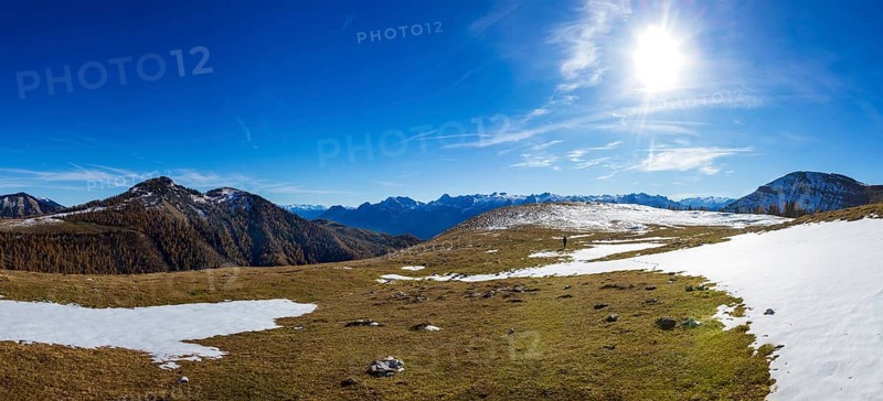 Snowfield on the Trattberg Alm with a view of the Hochwieskopf, Osterhorn Group, Salzkammergut, Province of Salzburg, Austria