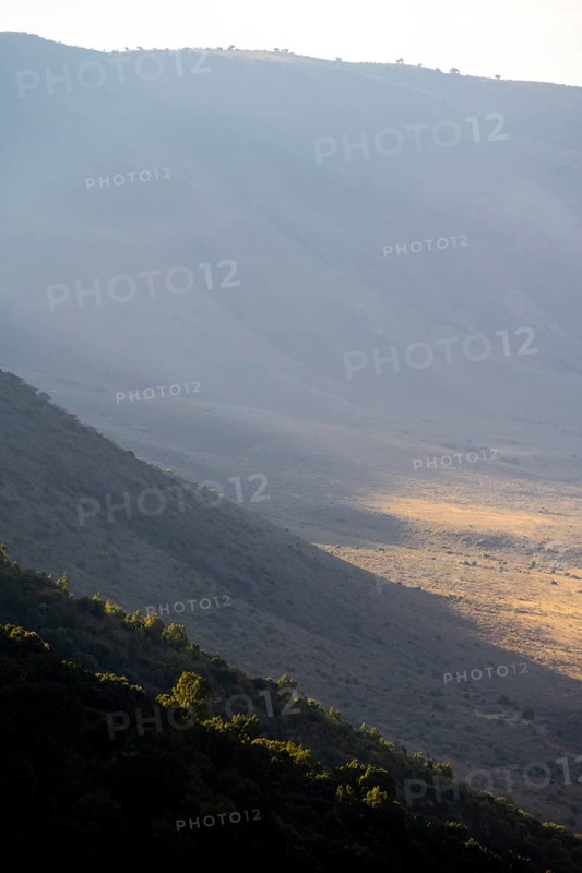 Mountain slopes of Ngorongoro Crater, Crater Viewpoint, in the evening light, Ngorongoro Conservation Area, Tanzania