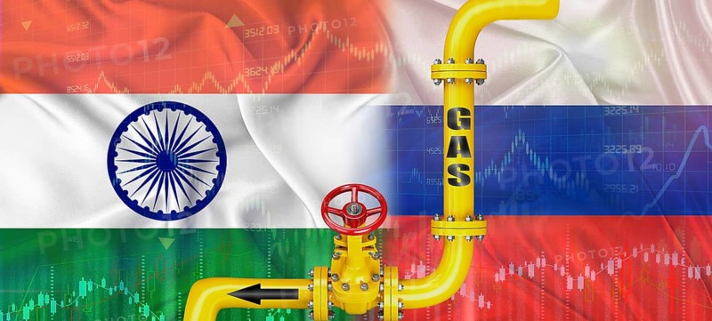 Gas pipeline with Russian and Indian flag. Production and export of Russian gas to India