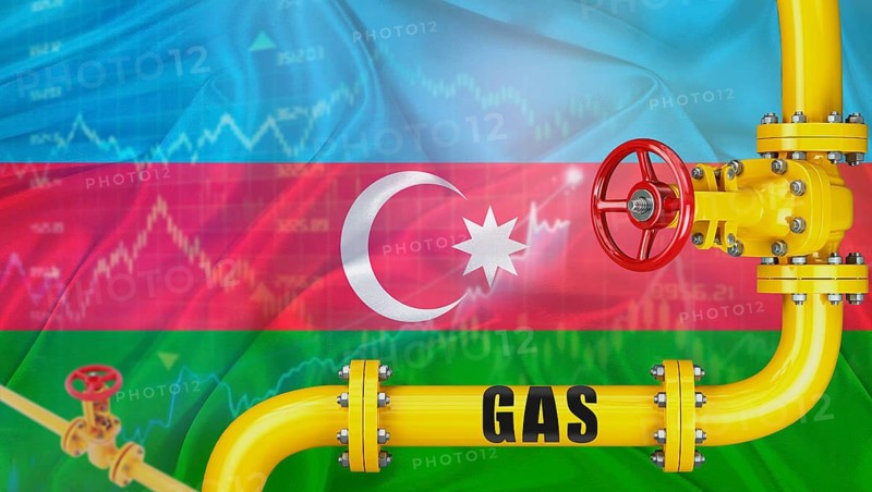 Gas pipeline with Azerbaijan flag in the background. Gas production with Azerbaijani flag on market chart