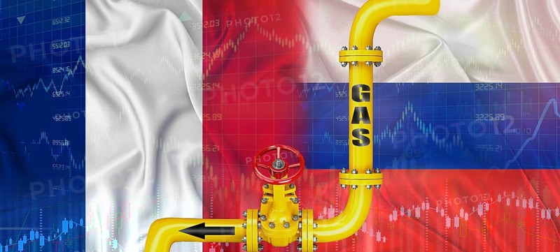 Gas pipeline with Russian and French flag. Production and export of Russian gas to France
