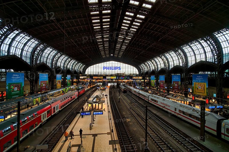 Interior view, ICE, Intercity-Express, RE, Regional-Express, trains, tracks, Philipps, logo, advertising, advertising, Ritter Sport chocolate, platform, travelers, main station, Free and Hanseatic City of Hamburg, Germany