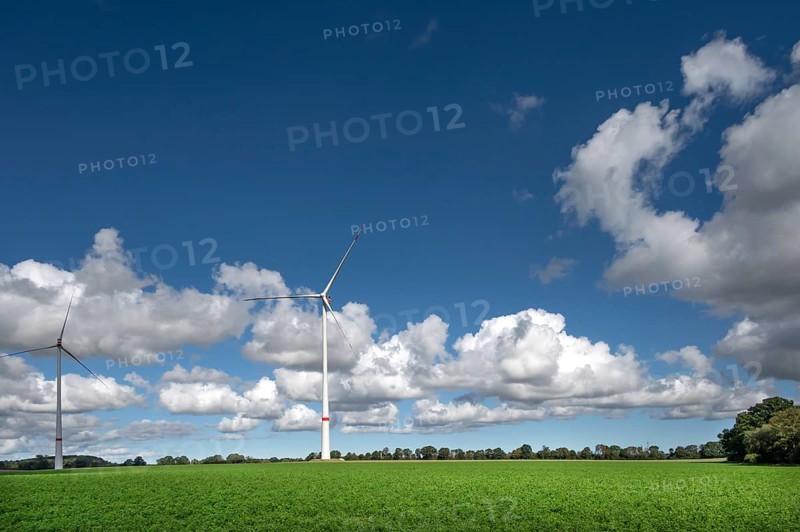 Wind turbines in a meadow, cluster clouds (Cumulus), Mecklenburg-Western Pomerania, Germany