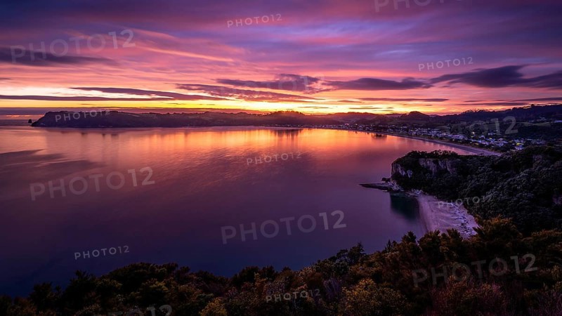 Landscape with sea and sandy beach in New Zealand. View of Lonely Bay and Cooks Beach from Shakespeare Cliff in the morning at sunrise. Colored clouds. Cooks Beach, Coromandel Peninsula, Waikato, New Zealand