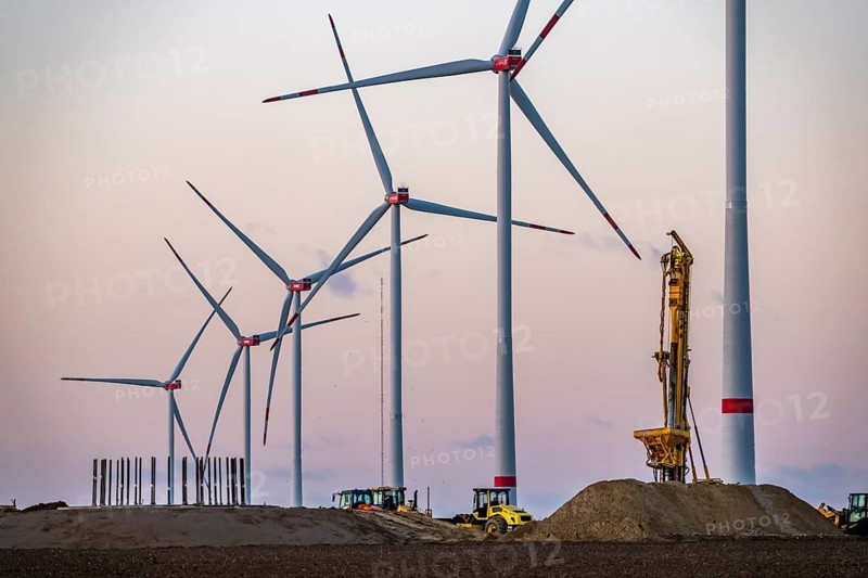 Construction site of the new Bedburg 3 wind farm, on recultivated open-cast mining site, 9 wind power plants with an output of 60 megawatts are being built, finished foundation on which the wind turbine tower is then built, operated by RWE and the city of Bedburg, North Rhine-Westphalia, Germany