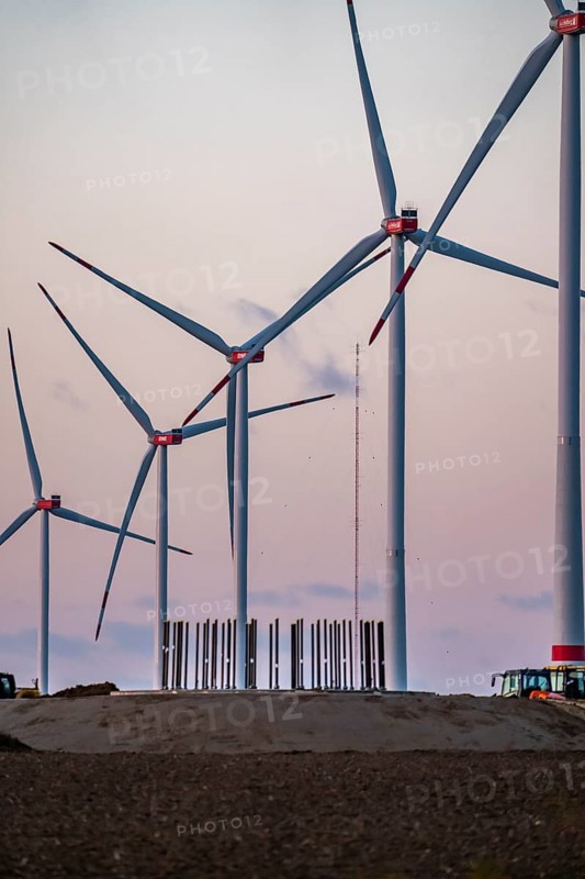 Construction site of the new Bedburg 3 wind farm, on recultivated open-cast mining site, 9 wind power plants with an output of 60 megawatts are being built, finished foundation on which the wind turbine tower is then built, operated by RWE and the city of Bedburg, North Rhine-Westphalia, Germany