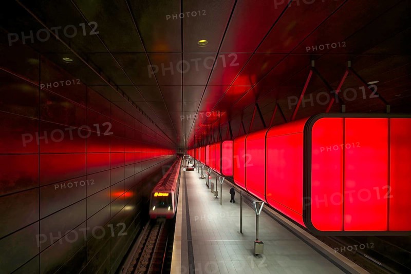 HafenCity University subway station, illuminated in color, red, underground train, movement effect, U4, travelers, platform, stop, train station, subway, public transport, HVV, Hamburger Verkehrsverbund, Hochbahn, public transport, Free and Hanseatic City of Hamburg, Germany